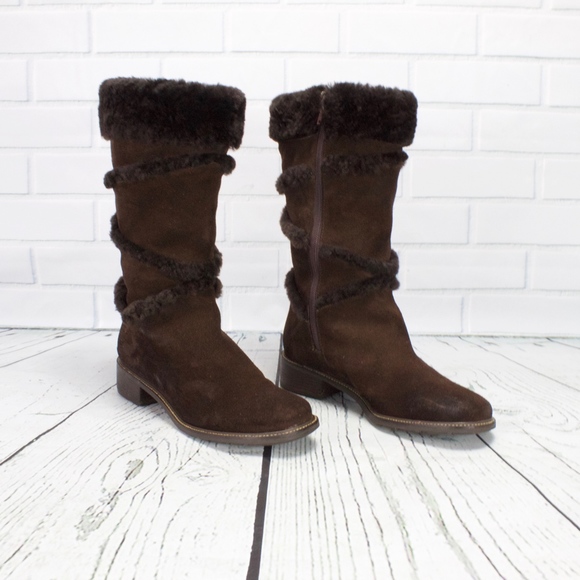 LL Bean Brown Suede Leather Shearling Lined Side Zip Tall Winter Boots 8.5 M - Picture 3 of 8